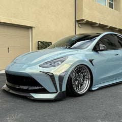 Tesla Model Y Performance AWD Long Range RWD Standard 2020 2021 2023 2024 with Aftermarket Parts - "STARSHIP" Stage 1 Corner Lip (2 pcs) & Stage 2 Corner Lip (4 pcs) & Front Bumper Carbon Fiber / FRP / PP from Robot Craftsman