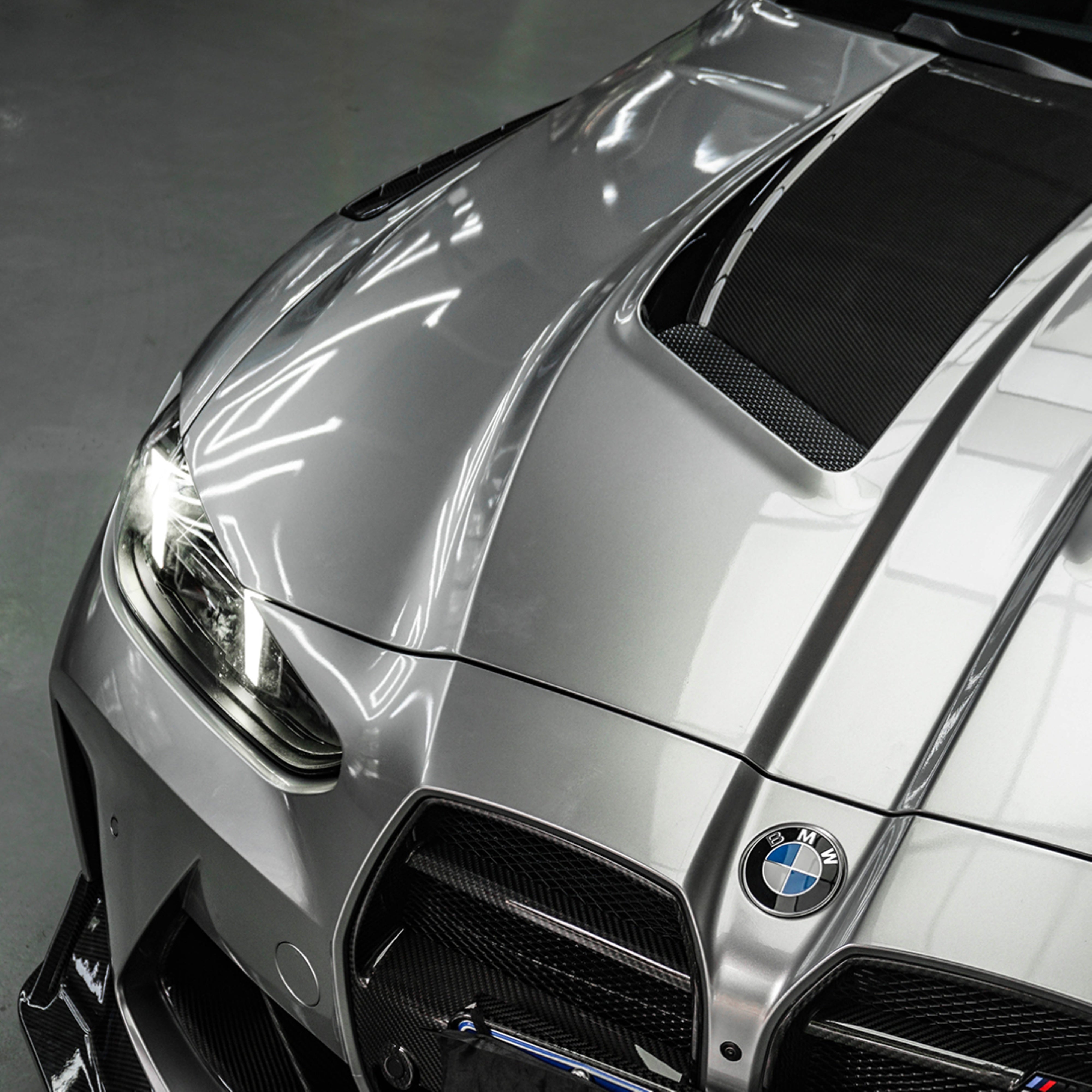 BMW M3 / M3C G80 G81 & M4 / M4C G82 G83 2021-ON with Aftermarket Parts - V2 Hood Bonnet Partial Dry Pre-preg Carbon Fiber from SOOQOO USA
