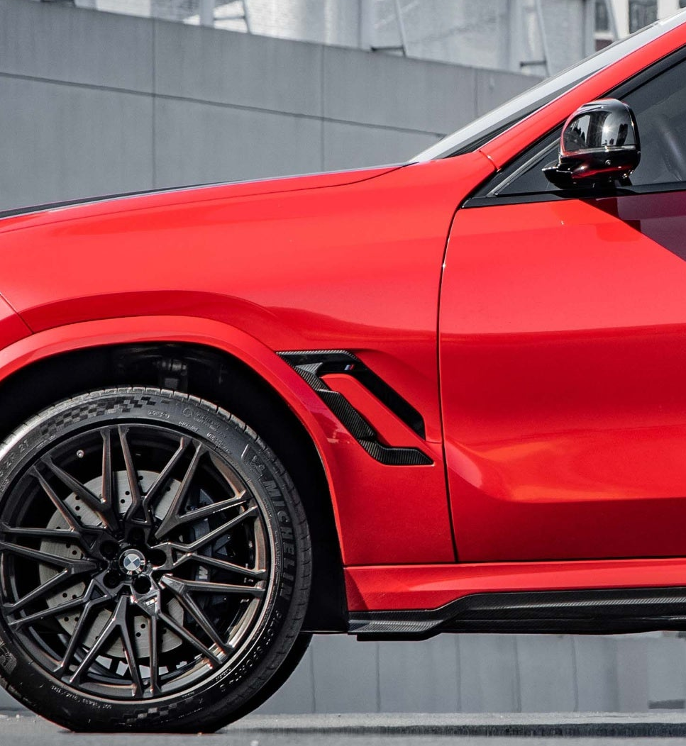 BMW X6M X6MC F96 LCI 2024-ON with Aftermarket Parts - Fender Vents Trims Replacements Dry Pre-preg Carbon Fiber from SOOQOO USA
