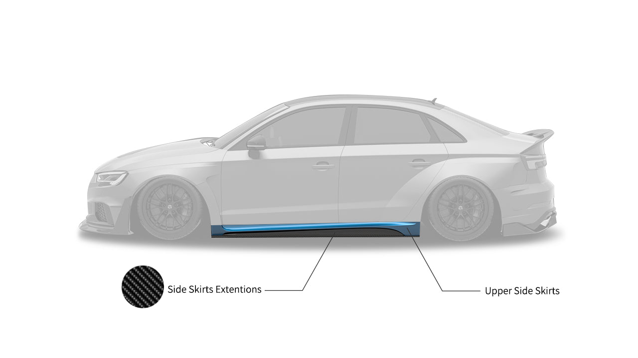 Audi RS3 8V.5 2018 2019 2020 with Aftermarket Parts - Side Skirts & Side Skirts Extentions Carbon Fiber / FRP from SPECTER PLUS