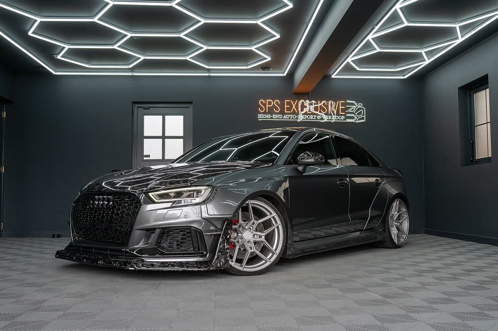 Audi RS3 8V.5 2018 2019 2020 with Aftermarket Parts - Side Skirts & Side Skirts Extentions Carbon Fiber / FRP from SPECTER PLUS