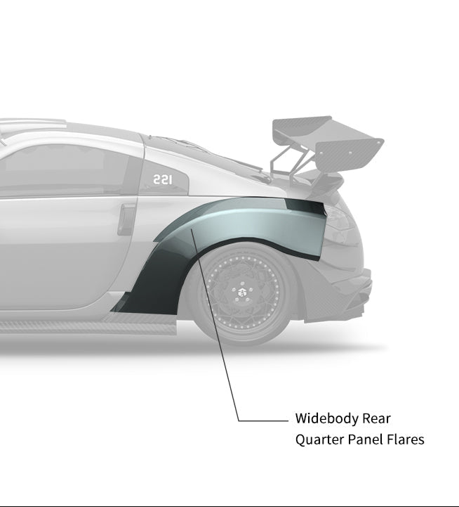 Nissan 350Z Nismo Performance Anniversary Grand Touring Base Fairlady Z Z33 2003 2004 2005 2006 2007 2008 2009 with Aftermarket Parts - Widebody Rear Quarter Panel Flares FRP / Carbon Fiber from SPECTER PLUS