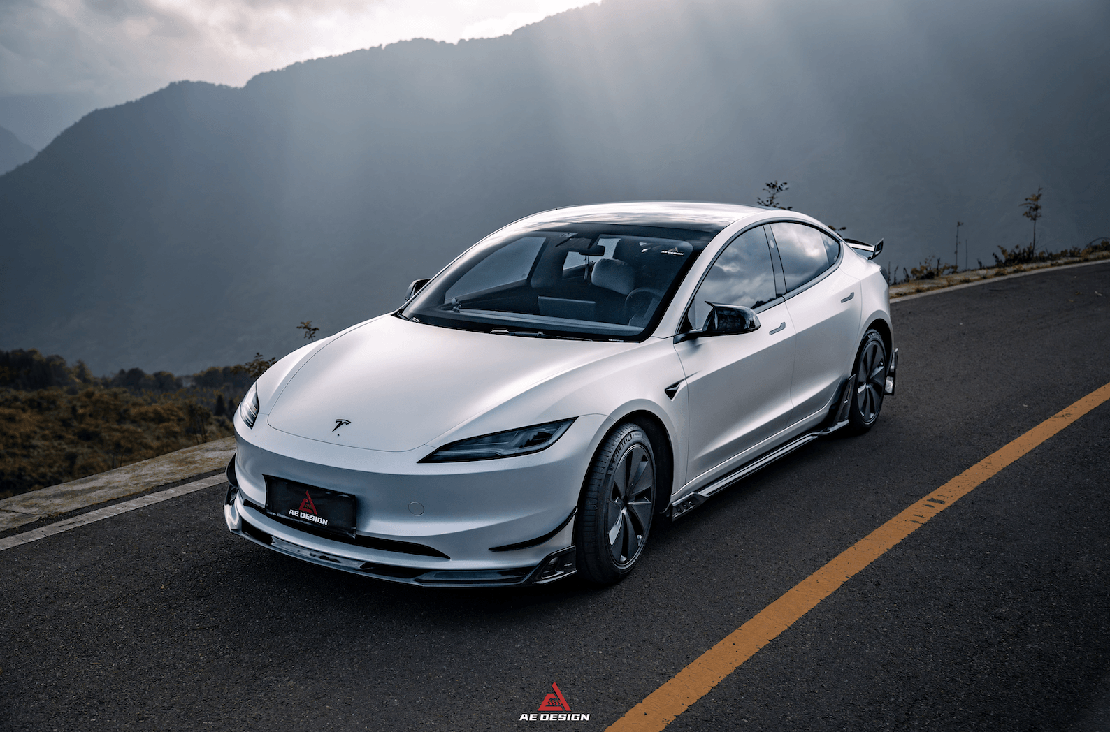 Tesla Model 3 Highland 2024-ON with Aftermarket Parts - AE Style Front Canards Carbon Fiber from?ArmorExtend