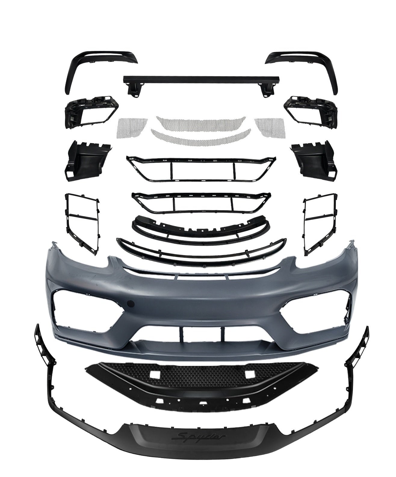 Porsche 718 982 Cayman &amp; Boxster (Base / T / S / GTS / GT4 / Spyder) 2017 2018 2019 2020 2021 2022 2023 2024 2025 with Aftermarket Parts - Spyder Conversion Style Front Bumper &amp; Trims (with &amp; without GT4RS Logo) PP Polypropylene / Dry Pre-preg Carbon Fiber from Dupont Tech
