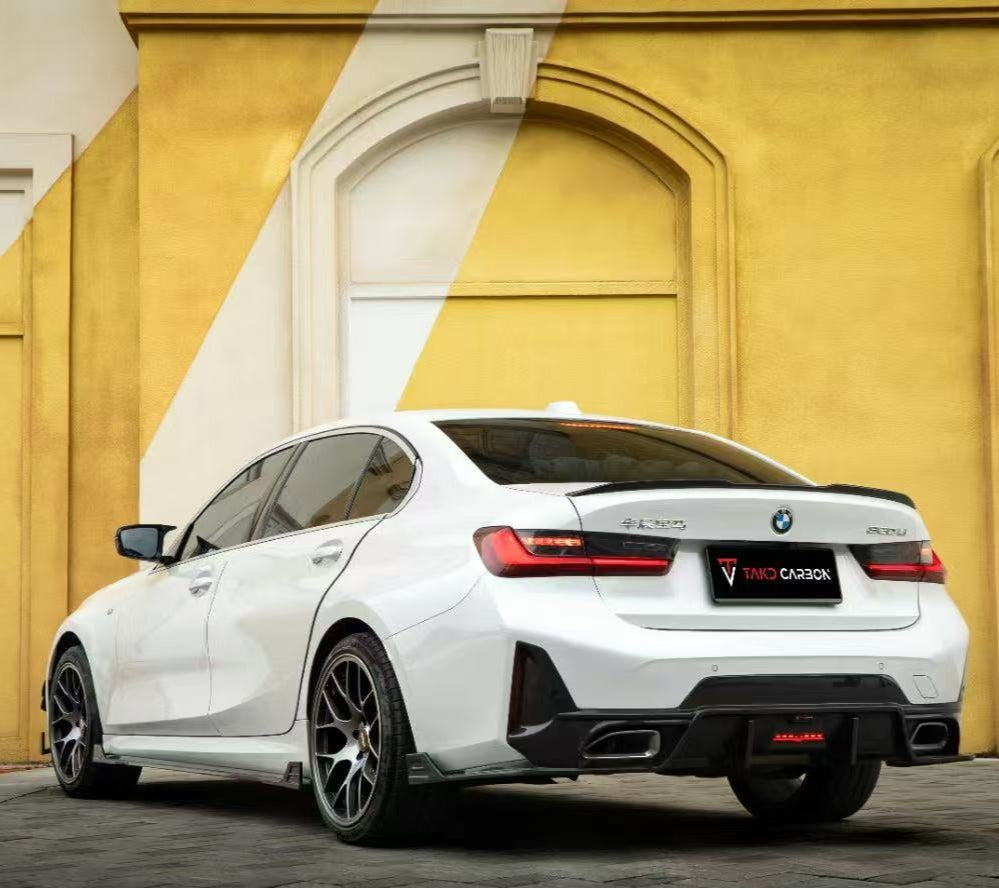 BMW 3 Series 330i (with M-package bumper, does not fit base model) M340i G20 LCI 2023-ON with Aftermarket Parts - V1 Style Rear Diffuser & Canards Pre-preg Carbon Fiber from TAKD Carbon