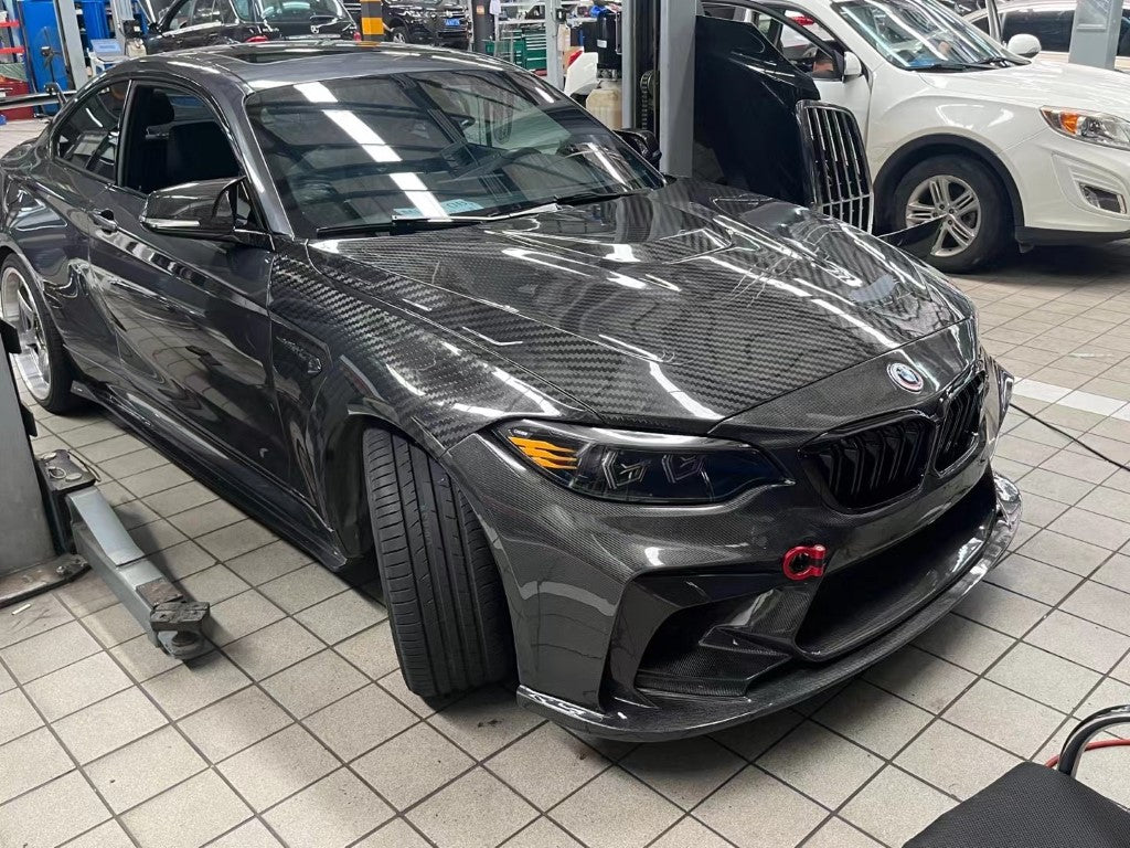 BMW M2 / M2C F87 2016-2021 with Aftermarket Parts - Double-sided Pre-preg Carbon Fiber Hood Bonnet from TAKD Carbon