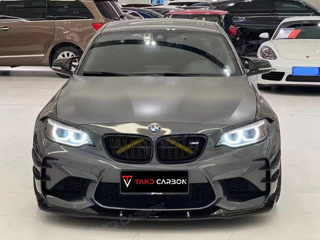 BMW M2 / M2C F87 2016-2021 with Aftermarket Parts - Pre-preg Carbon Fiber Front Lip from TAKD Carbon