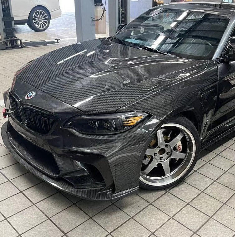 BMW M2 / M2C F87 2016-2021 with Aftermarket Parts - Double-sided Pre-preg Carbon Fiber Hood Bonnet from TAKD Carbon