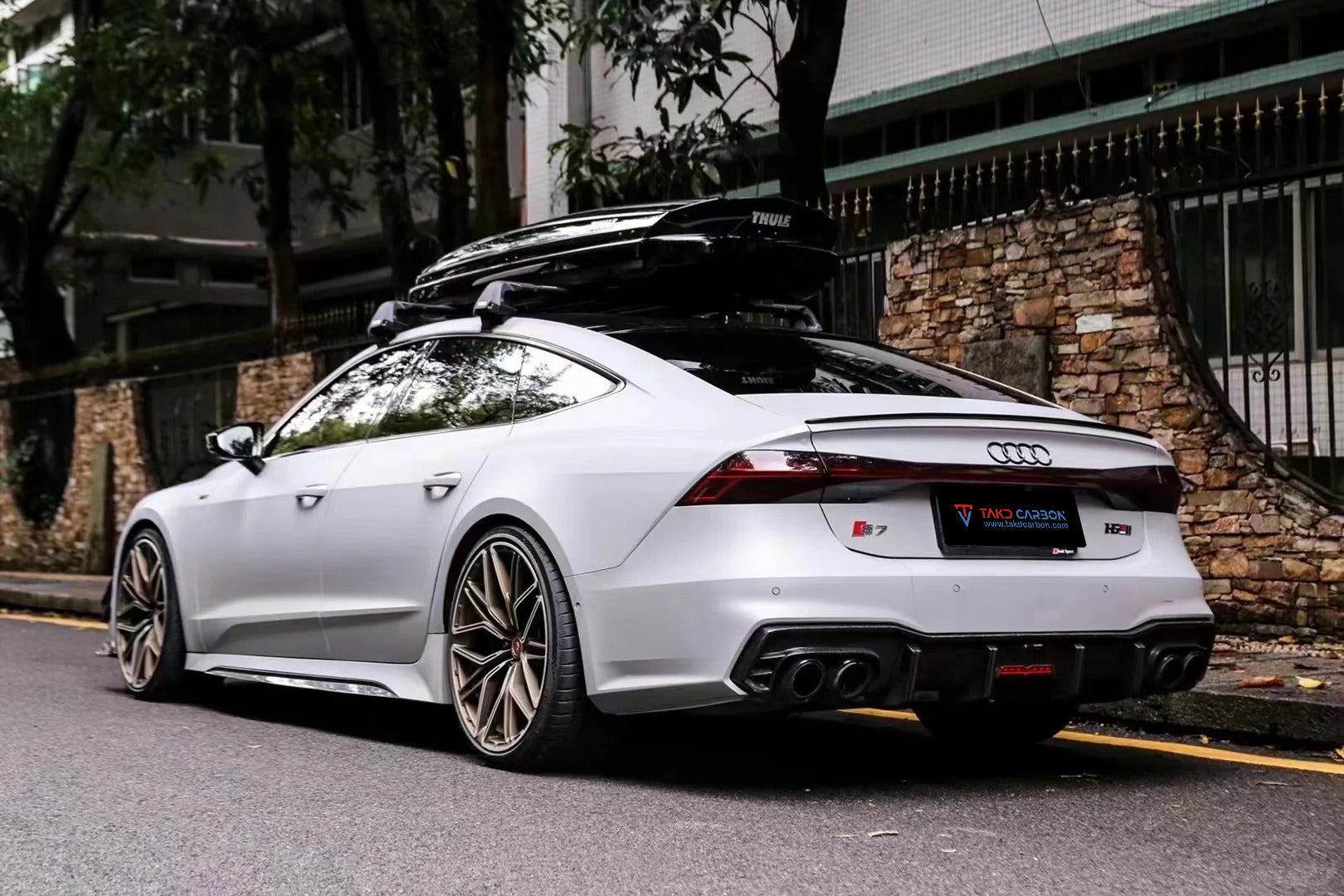 Audi S7 A7 (with s-line bumper) C8 2019 2020 2021 2022 2023 2024 with Aftermarket Parts - Rear Diffuser Pre-preg Carbon Fiber from TAKD Carbon