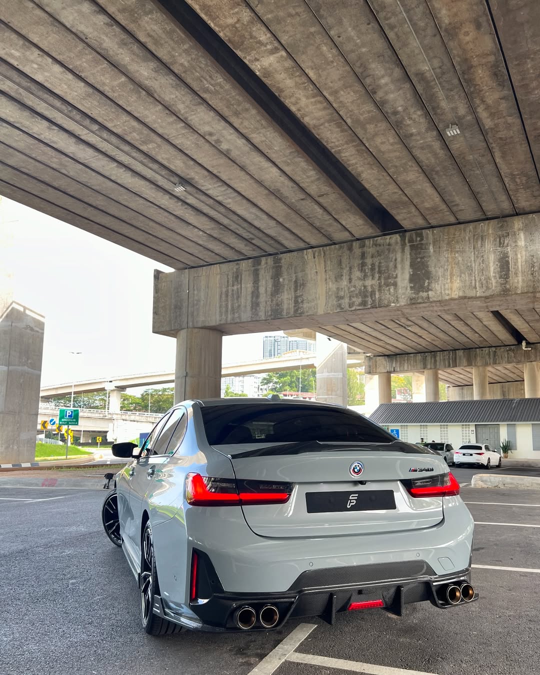BMW 3 Series 330i (with M-package bumper, does not fit base model) M340i G20 LCI 2023-ON with Aftermarket Parts - V1 Style Rear Diffuser & Canards Pre-preg Carbon Fiber from TAKD Carbon
