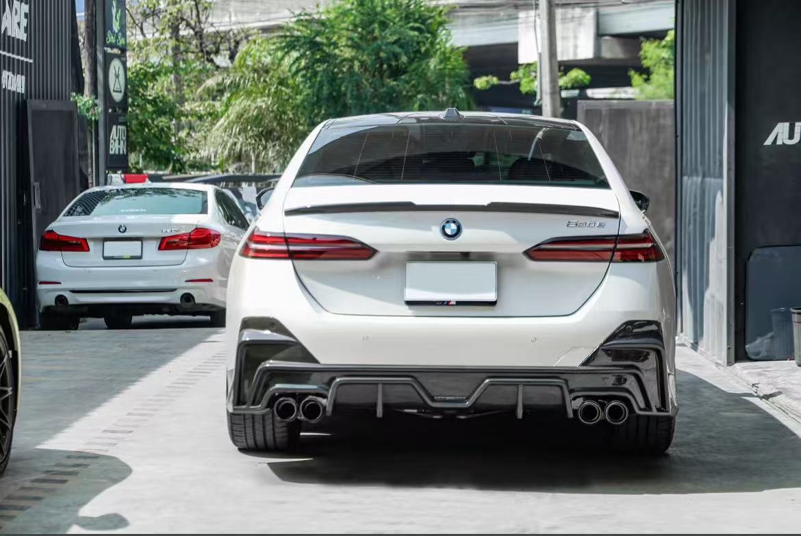 BMW 5 Series 530 540 (with M-package bumper, does not fit base model) G60 G61 2024-ON with Aftermarket Parts - V1 Style Rear Diffuser (Quad Exhaust Tips Included) Pre-preg Carbon Fiber from TAKD Carbon