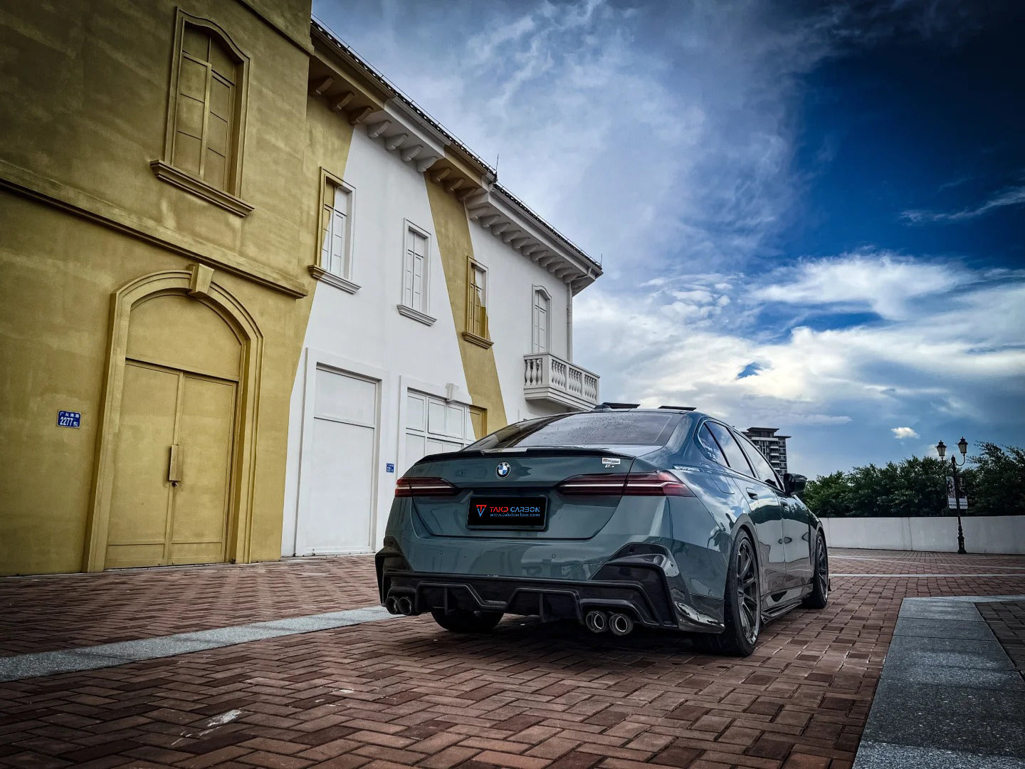 BMW 5 Series 530 540 (with M-package bumper, does not fit base model) G60 G61 2024-ON with Aftermarket Parts - V1 Style Rear Diffuser (Quad Exhaust Tips Included) Pre-preg Carbon Fiber from TAKD Carbon