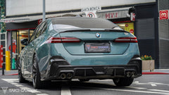 BMW 5 Series 530 540 (with M-package bumper, does not fit base model) G60 G61 2024-ON with Aftermarket Parts - V1 Style Rear Diffuser (Quad Exhaust Tips Included) Pre-preg Carbon Fiber from TAKD Carbon