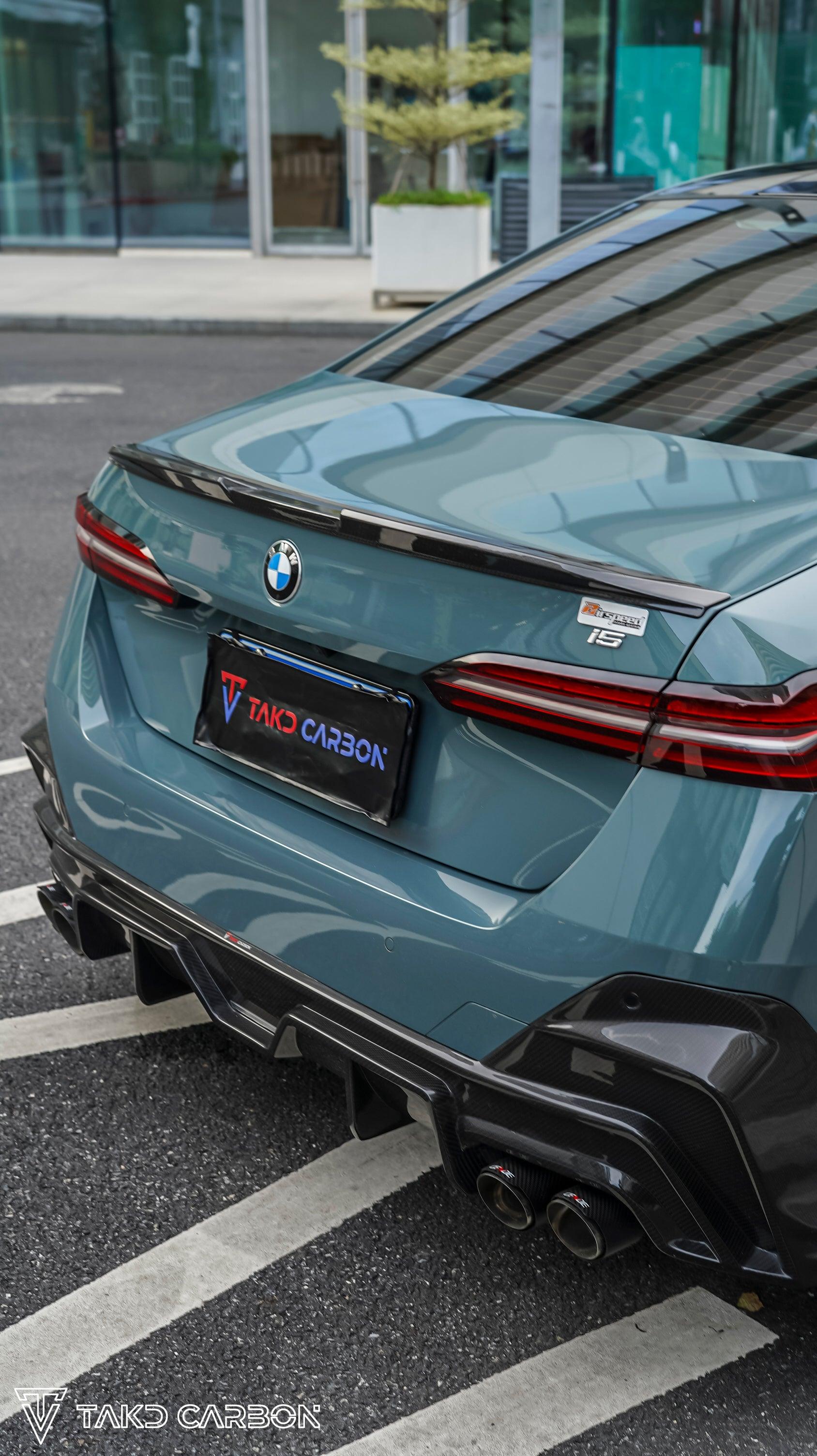 BMW 5 Series 530 540 (with M-package bumper, does not fit base model) G60 G61 2024-ON with Aftermarket Parts - V1 Style Rear Diffuser (Quad Exhaust Tips Included) Pre-preg Carbon Fiber from TAKD Carbon