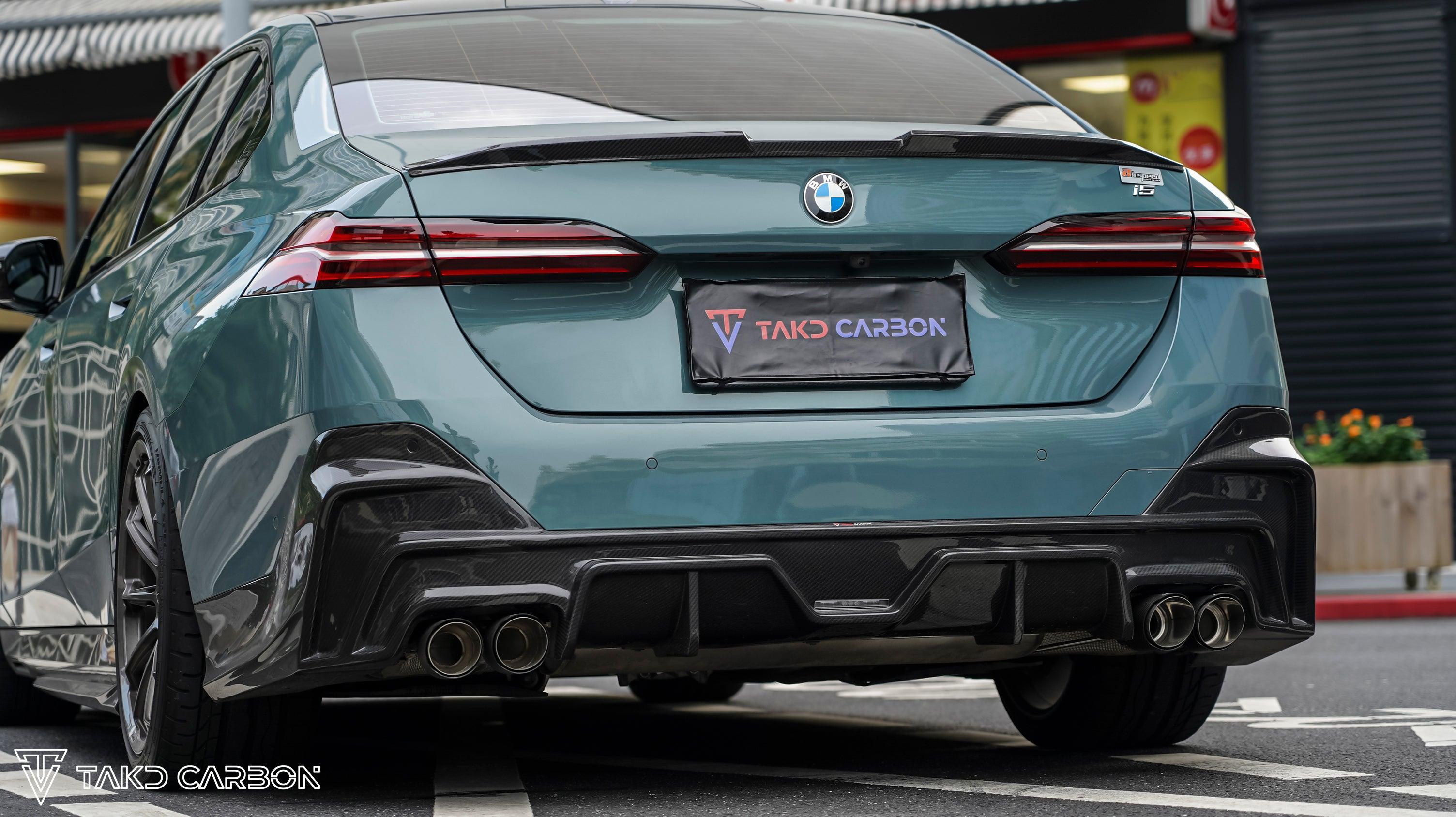 BMW 5 Series 530 540 (with M-package bumper, does not fit base model) G60 G61 2024-ON with Aftermarket Parts - V1 Style Rear Diffuser (Quad Exhaust Tips Included) Pre-preg Carbon Fiber from TAKD Carbon