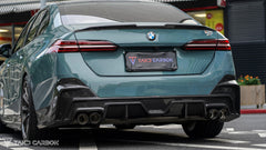 BMW 5 Series 530 540 (with M-package bumper, does not fit base model) G60 G61 2024-ON with Aftermarket Parts - V1 Style Rear Diffuser (Quad Exhaust Tips Included) Pre-preg Carbon Fiber from TAKD Carbon