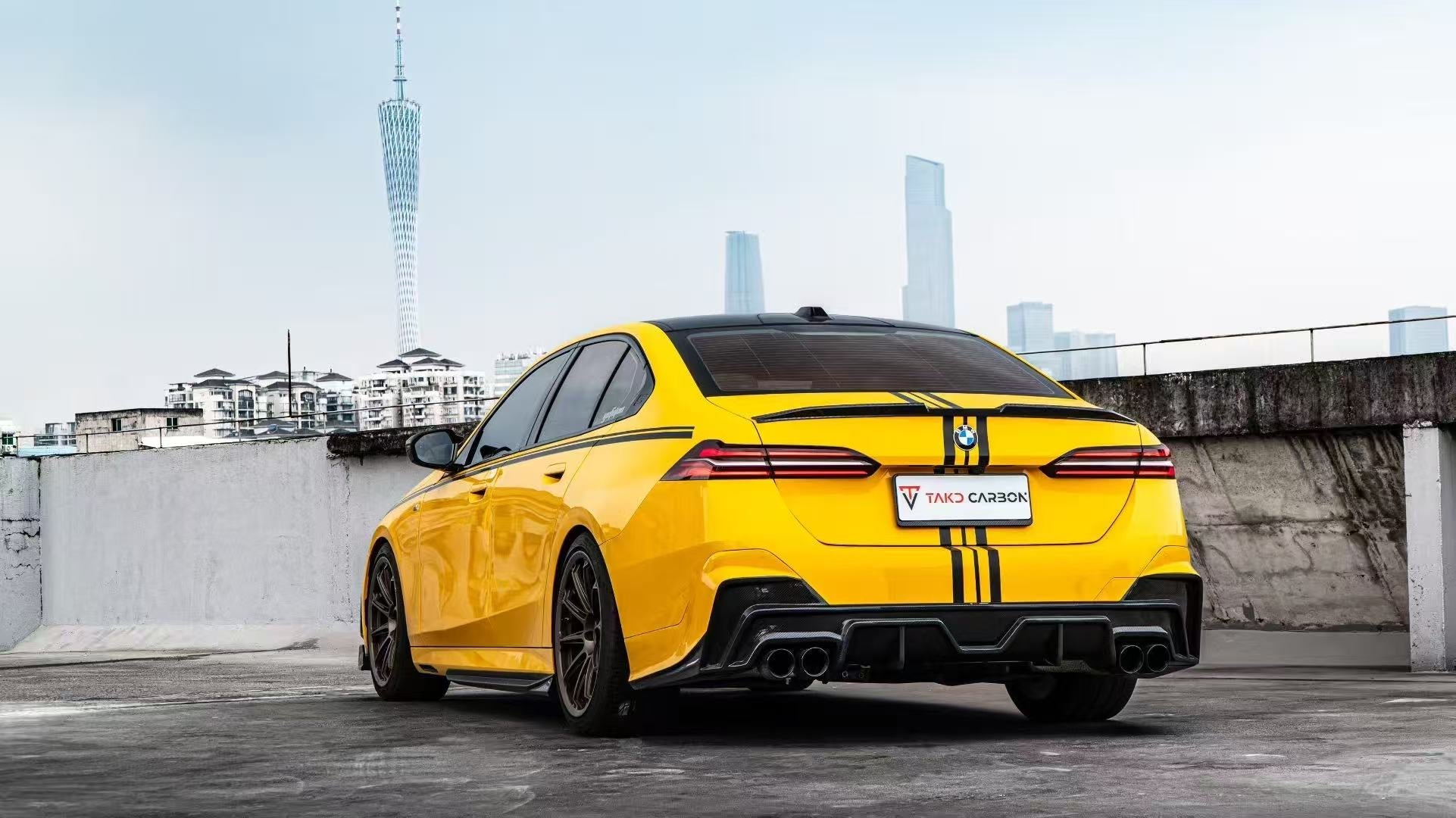 BMW 5 Series 530 540 (with M-package bumper, does not fit base model) G60 G61 2024-ON with Aftermarket Parts - V1 Style Rear Diffuser (Quad Exhaust Tips Included) Pre-preg Carbon Fiber from TAKD Carbon
