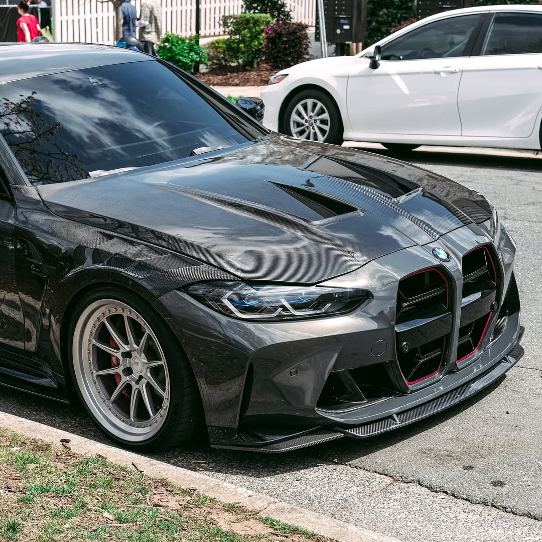 BMW M3 / M3C G80 G81 & M4 / M4C G82 G83 2021 2022 2023 2024 with Aftermarket Parts - Hood Bonnet Double-sided Pre-preg Carbon Fiber from TAKD Carbon