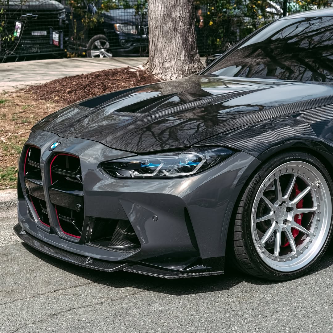 BMW M3 / M3C G80 G81 & M4 / M4C G82 G83 2021 2022 2023 2024 with Aftermarket Parts - Hood Bonnet Double-sided Pre-preg Carbon Fiber from TAKD Carbon