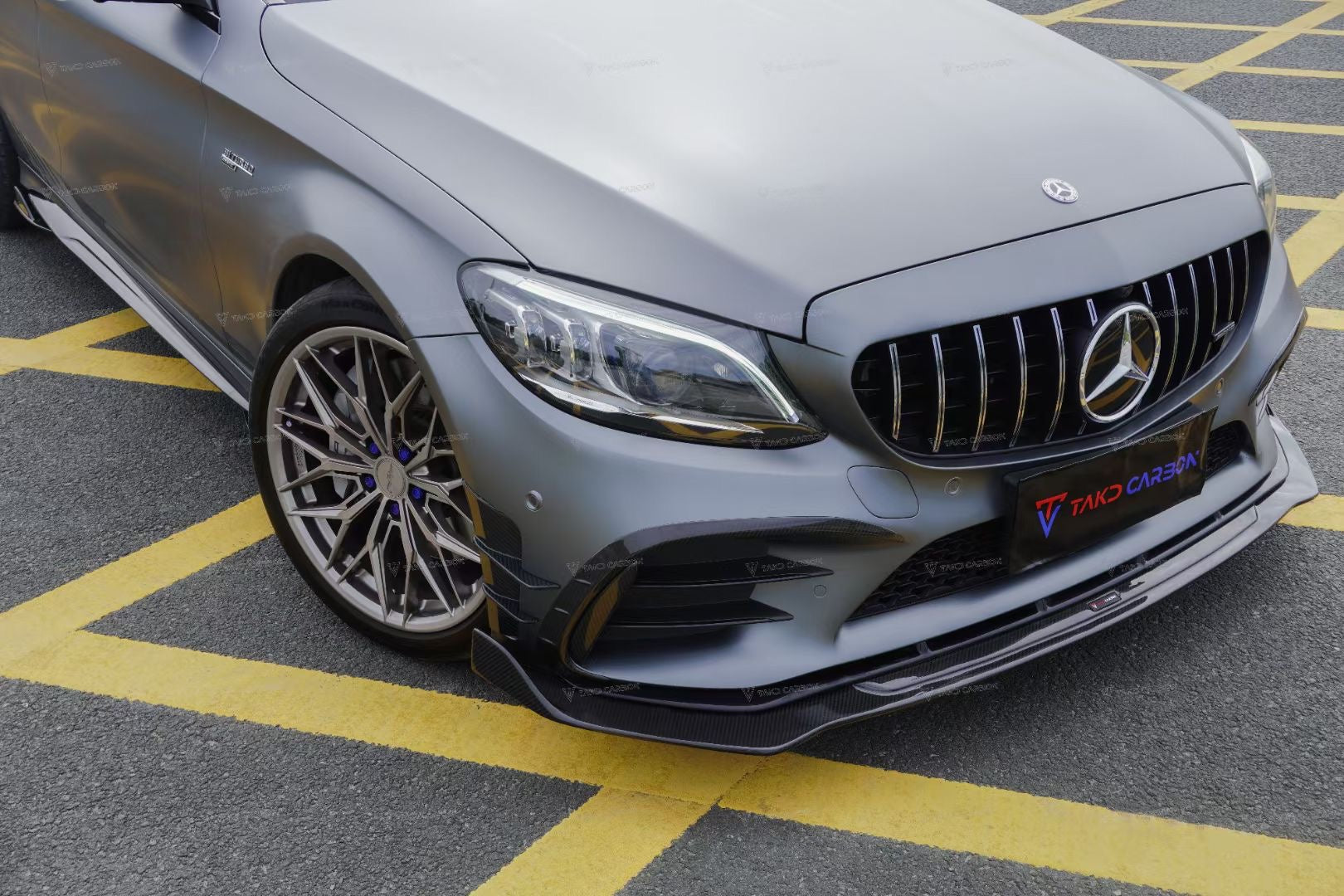 Mercedes Benz C-Class AMG C43 C300 (with sport package) W205 Sedan Facelift 2019 2020 2021 with Aftermarket Parts - Front Canards Dry Pre-preg Carbon Fiber from TAKD Carbon