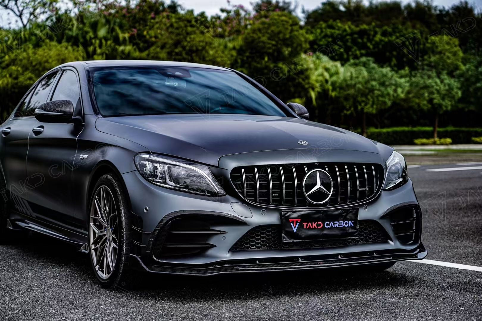 Mercedes Benz C-Class AMG C43 C300 (with sport package) W205 Sedan Facelift 2019 2020 2021 with Aftermarket Parts - Front Canards Dry Pre-preg Carbon Fiber from TAKD Carbon