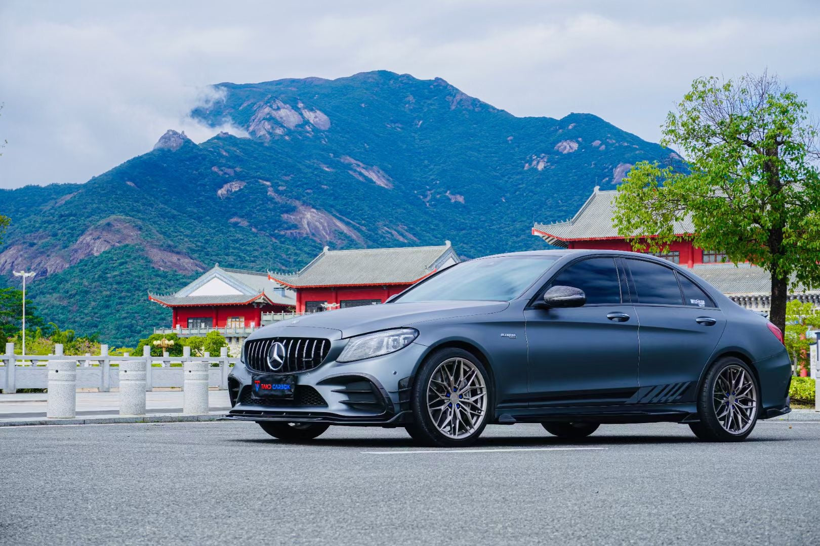 Mercedes Benz C-Class AMG C43 C300 (with sport package) W205 Sedan Facelift 2019 2020 2021 with Aftermarket Parts - Front Intake Cover Dry Pre-preg Carbon Fiber from TAKD Carbon