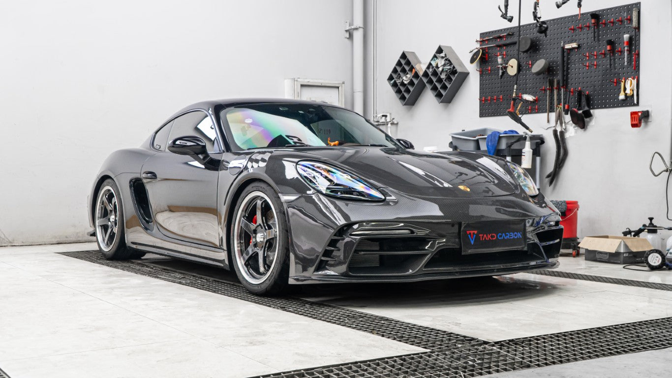 Porsche 718 Cayman / Boxster / GTS 2017-ON with Aftermarket Parts - Front Bumper & Lip Pre-preg Carbon Fiber from TAKD Carbon