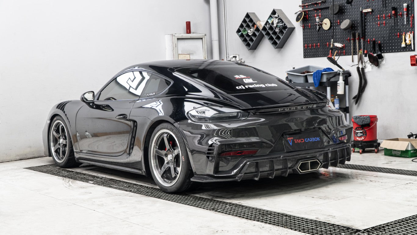Porsche 718 Cayman / Boxster / GTS 2017-ON with Aftermarket Parts - Rear Bumper (Exhaust Tips Included) Pre-preg Carbon Fiber from TAKD Carbon