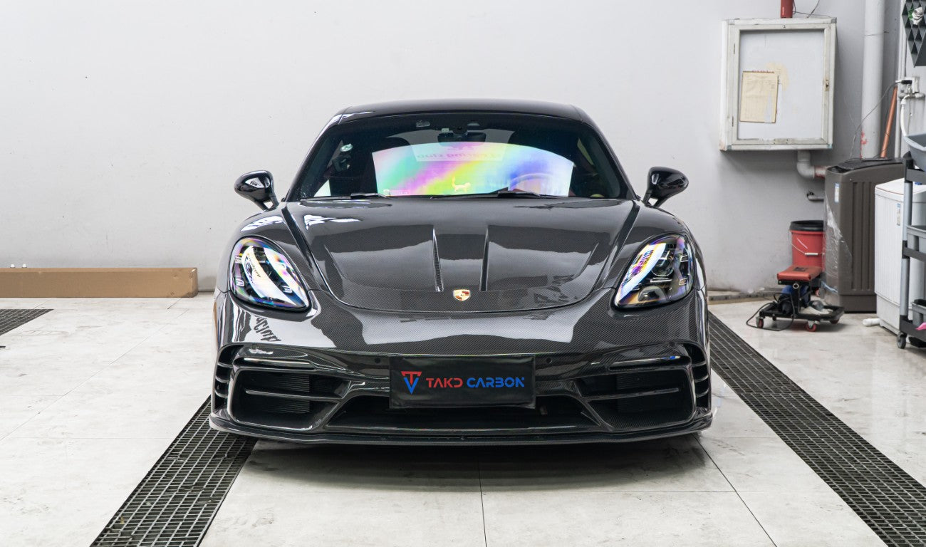 Porsche 718 Cayman / Boxster / GTS 2017-ON with Aftermarket Parts - Front Bumper & Lip Pre-preg Carbon Fiber from TAKD Carbon