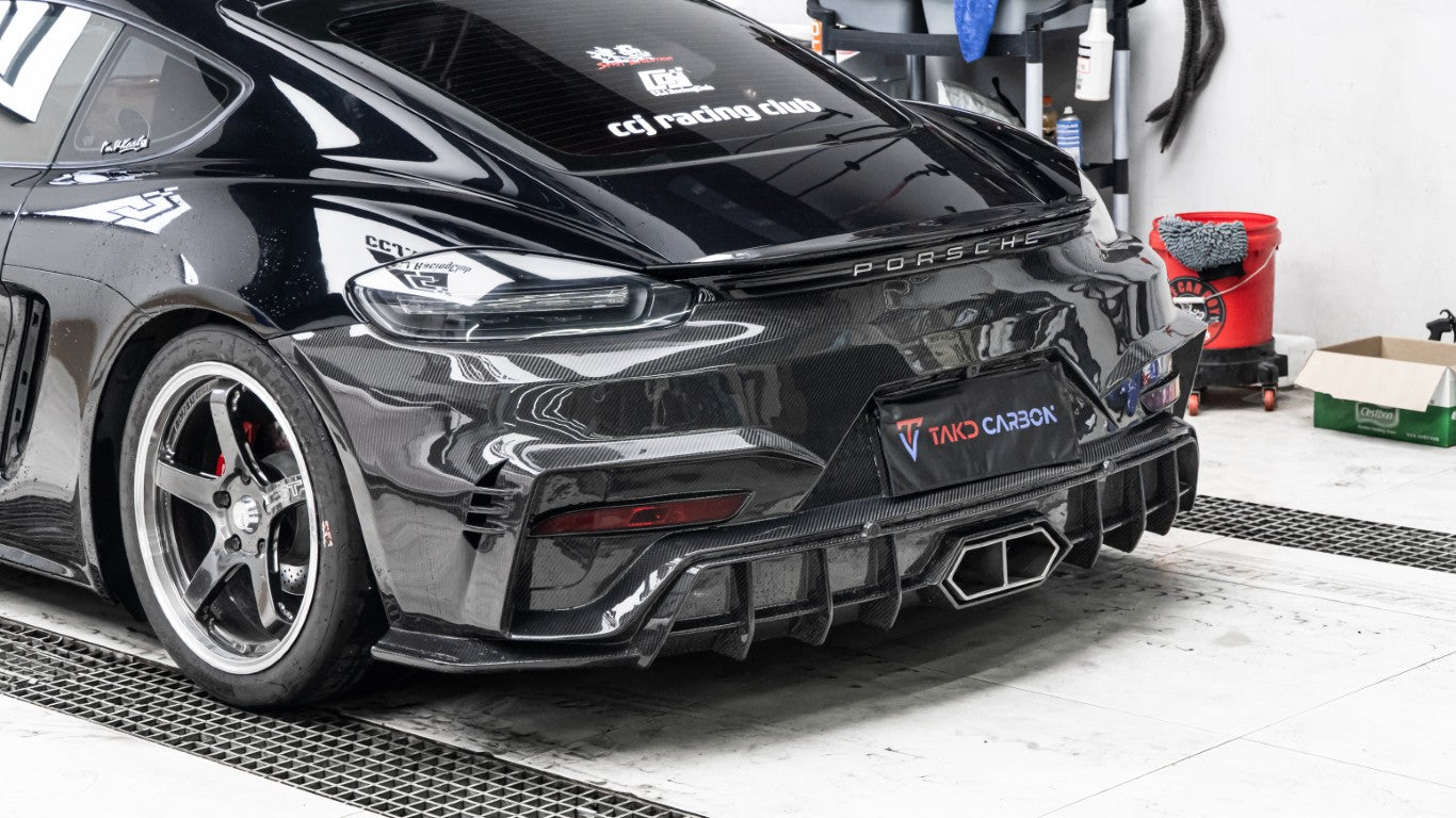 Porsche 718 Cayman / Boxster / GTS 2017-ON with Aftermarket Parts - Rear Bumper (Exhaust Tips Included) Pre-preg Carbon Fiber from TAKD Carbon
