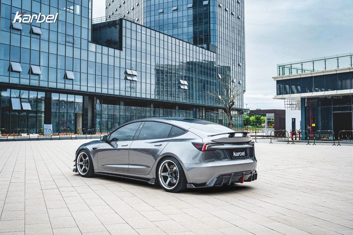 Tesla Model 3 Highland / Performance 2024-ON with Aftermarket Parts - With Light Style Rear Diffuser & Canards Pre-preg Carbon Fiber from Karbel Carbon