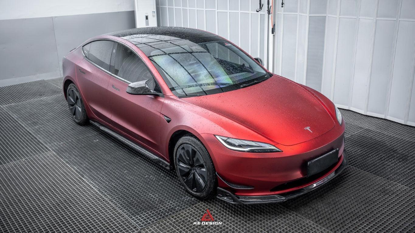 Tesla Model 3 Highland / Performance 2024-ON with Aftermarket Parts - AE Style Side Skirts & Canards Carbon Fiber from?ArmorExtend
