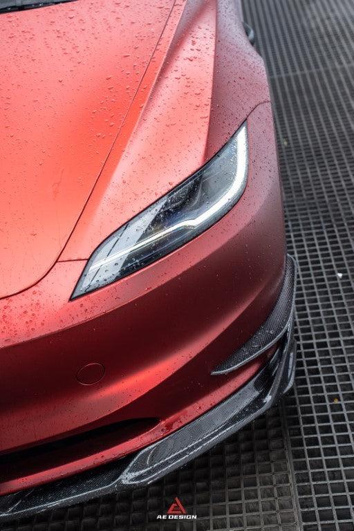 Tesla Model 3 Highland 2024-ON with Aftermarket Parts - AE Style Front Canards Carbon Fiber from?ArmorExtend