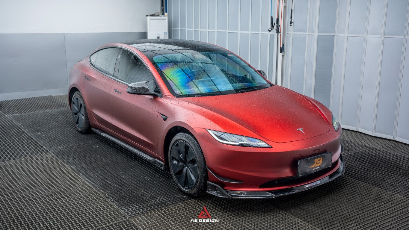 Tesla Model 3 Highland 2024-ON with Aftermarket Parts - AE Style Carbon Fiber Side Skirts & Canards from ArmorExtend