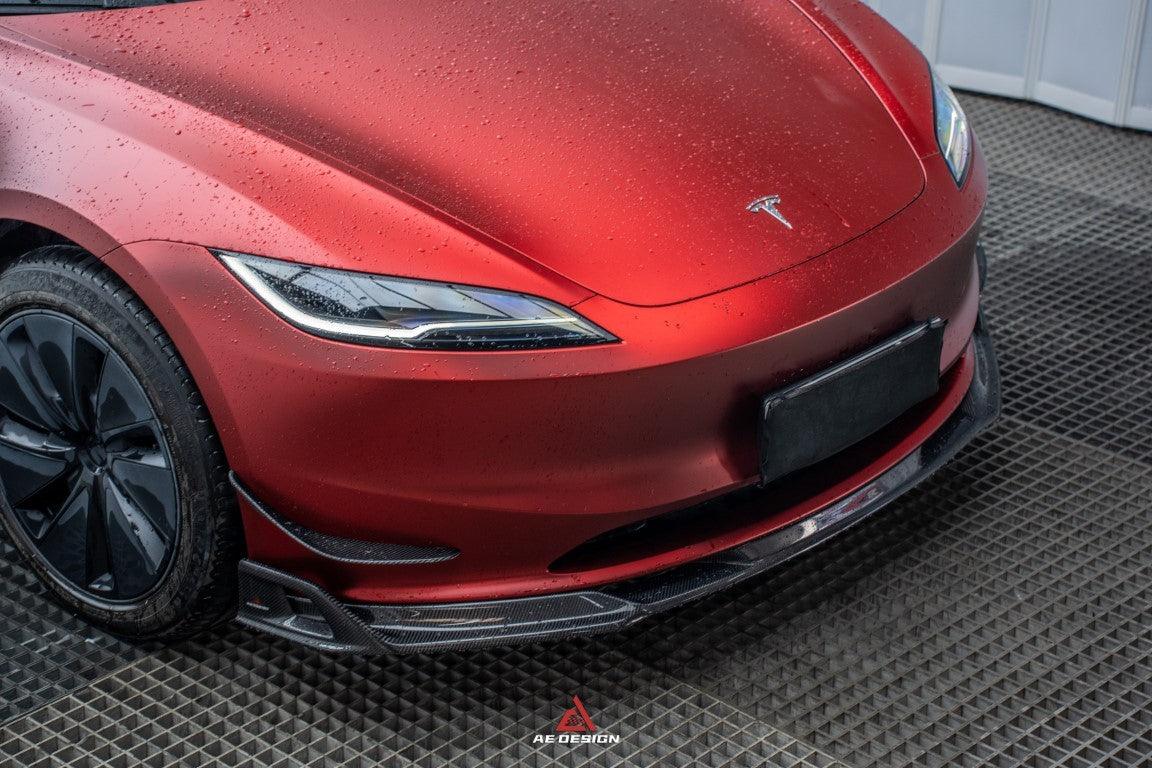 Tesla Model 3 Highland 2024-ON with Aftermarket Parts - AE Style Front Canards Carbon Fiber from?ArmorExtend