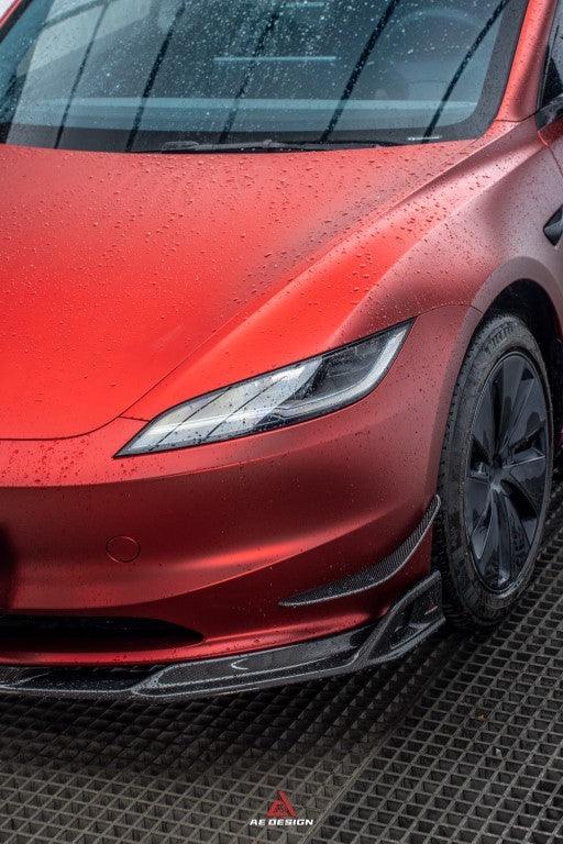 Tesla Model 3 Highland 2024-ON with Aftermarket Parts - AE Style Front Canards Carbon Fiber from?ArmorExtend