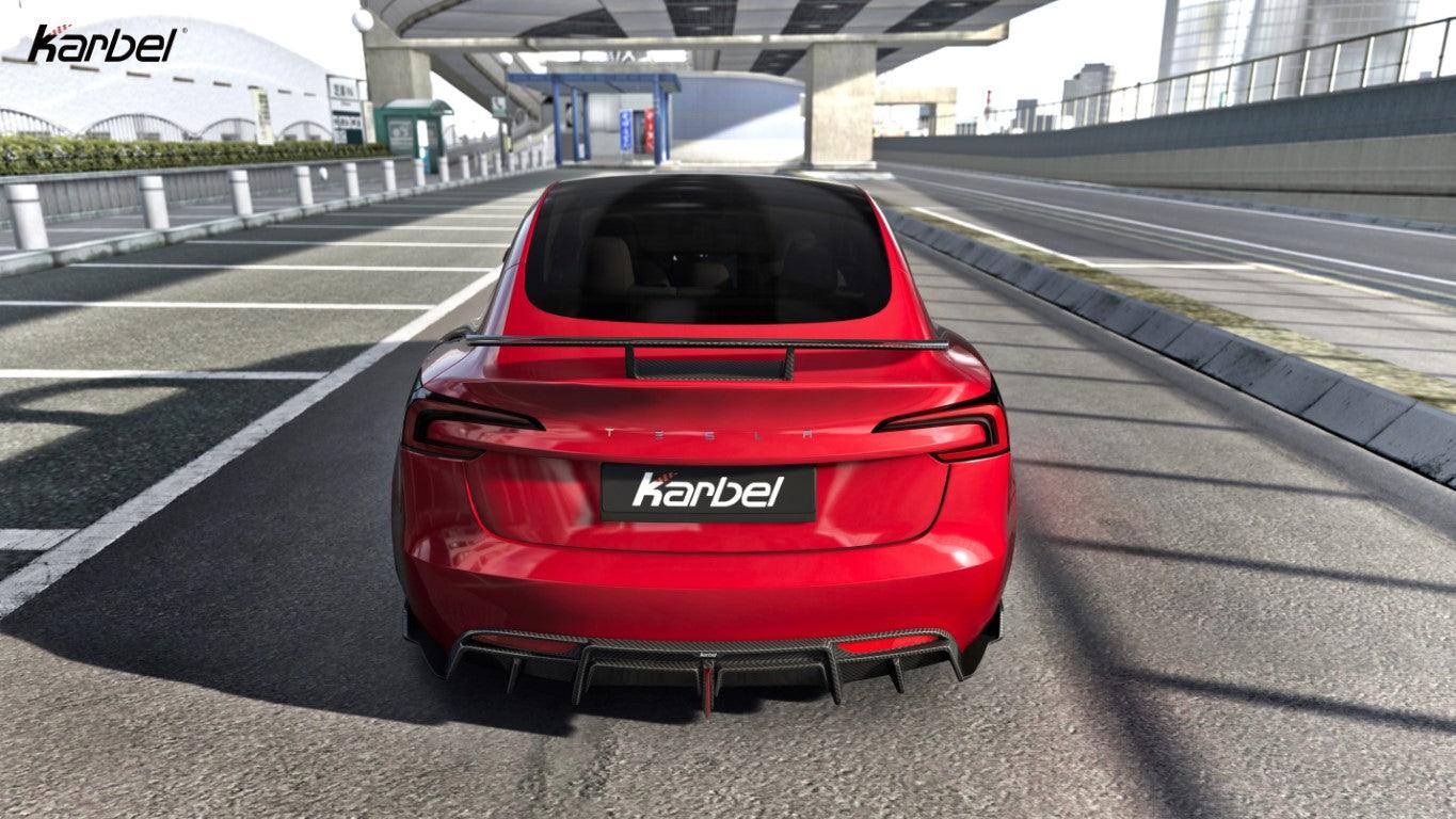 Tesla Model 3 Highland / Performance 2024-ON with Aftermarket Parts - With Light Style Rear Diffuser & Canards Pre-preg Carbon Fiber from Karbel Carbon