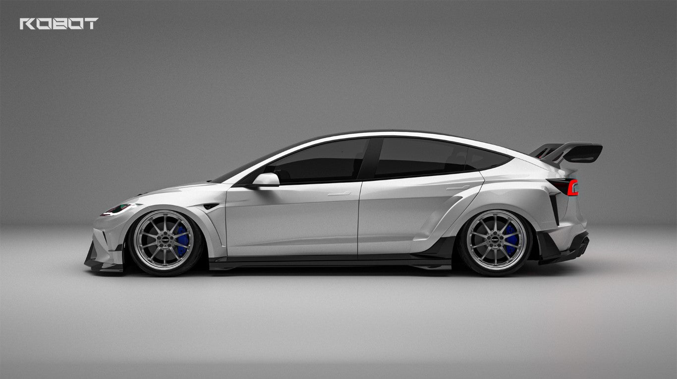 Tesla Model 3 Highland  Performance 2024-ON with Robot Craftsman's Aftermarket Parts - Carbon Fiber & FRP Fenders Flares & Wheel Arches & Side Skirts & Front Corner Canards & Side Canards HACKER