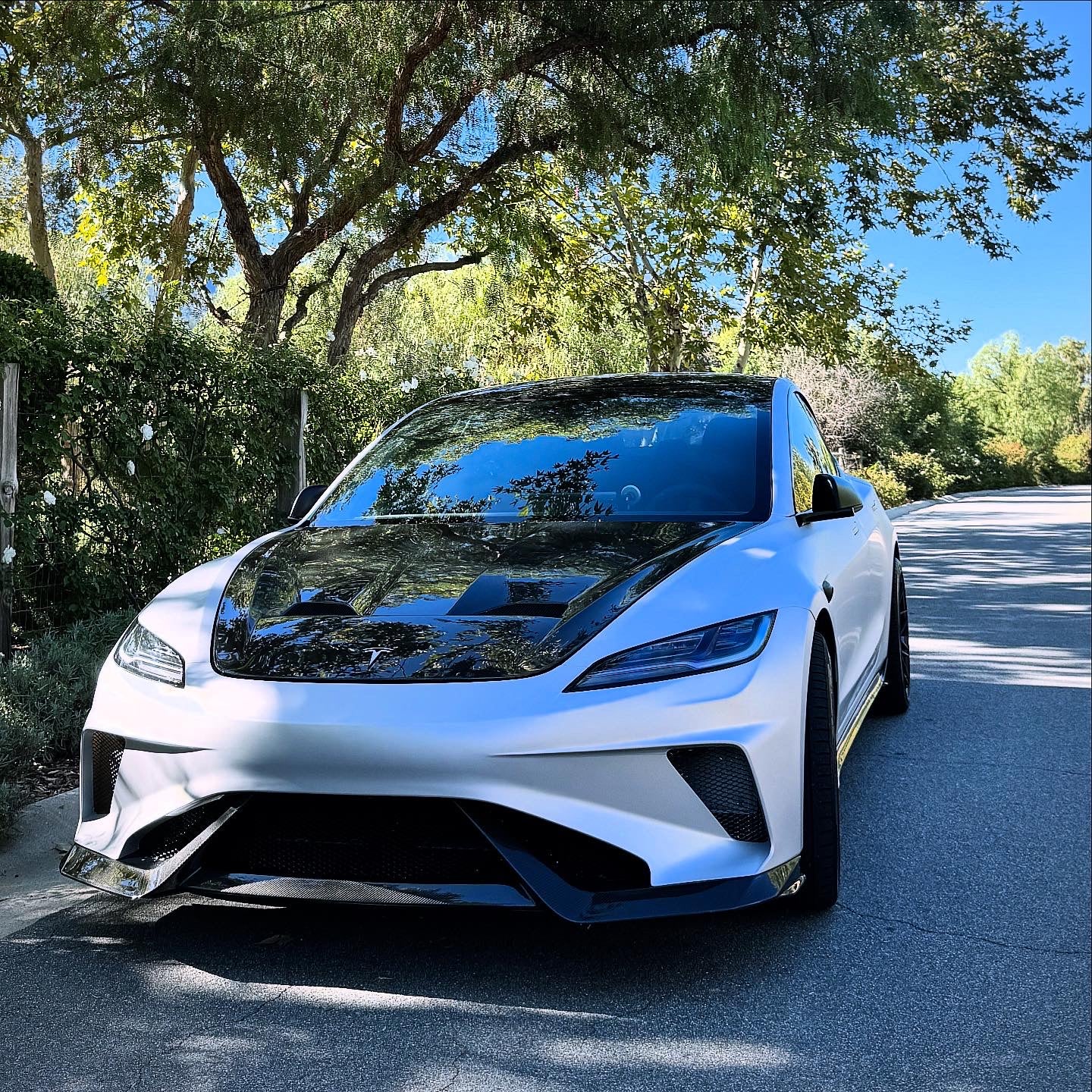 Tesla Model 3 Highland / Performance 2024-ON with Aftermarket Parts - Hacker Hood & Hood Garnish Carbon Fiber / FRP from Robot Craftsman