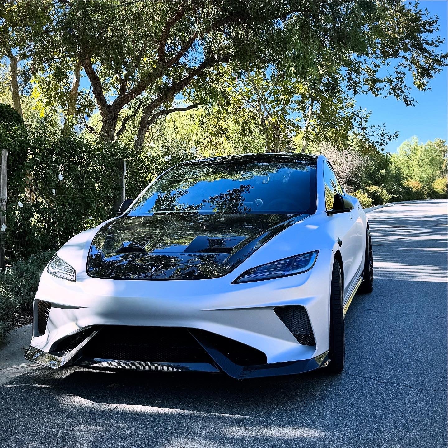 Tesla Model 3 Highland / Performance 2024-ON with Aftermarket Parts - Hacker Hood & Hood Garnish Carbon Fiber / FRP from Robot Craftsman