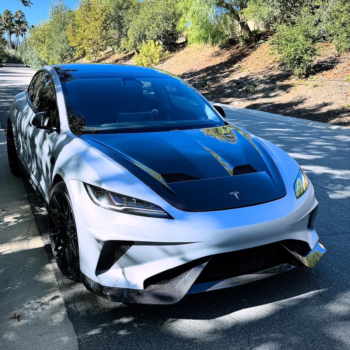 Tesla Model 3 Highland / Performance 2024-ON with Aftermarket Parts - Hacker Hood & Hood Garnish Carbon Fiber / FRP from Robot Craftsman
