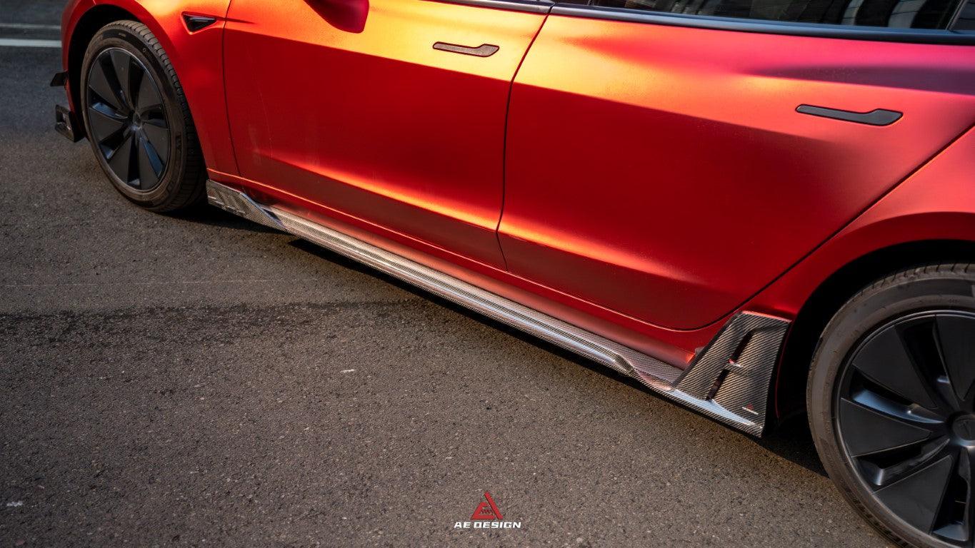 Tesla Model 3 Highland / Performance 2024-ON with Aftermarket Parts - AE Style Side Skirts & Canards Carbon Fiber from?ArmorExtend