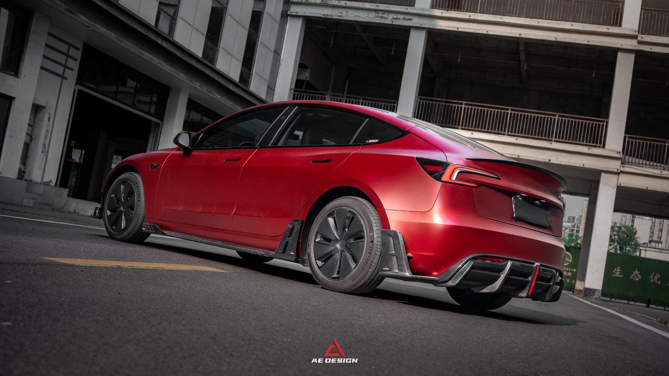 Tesla Model 3 Highland / Performance 2024-ON with Aftermarket Parts - AE Style Rear Diffuser & Canards Carbon Fiber from?ArmorExtend