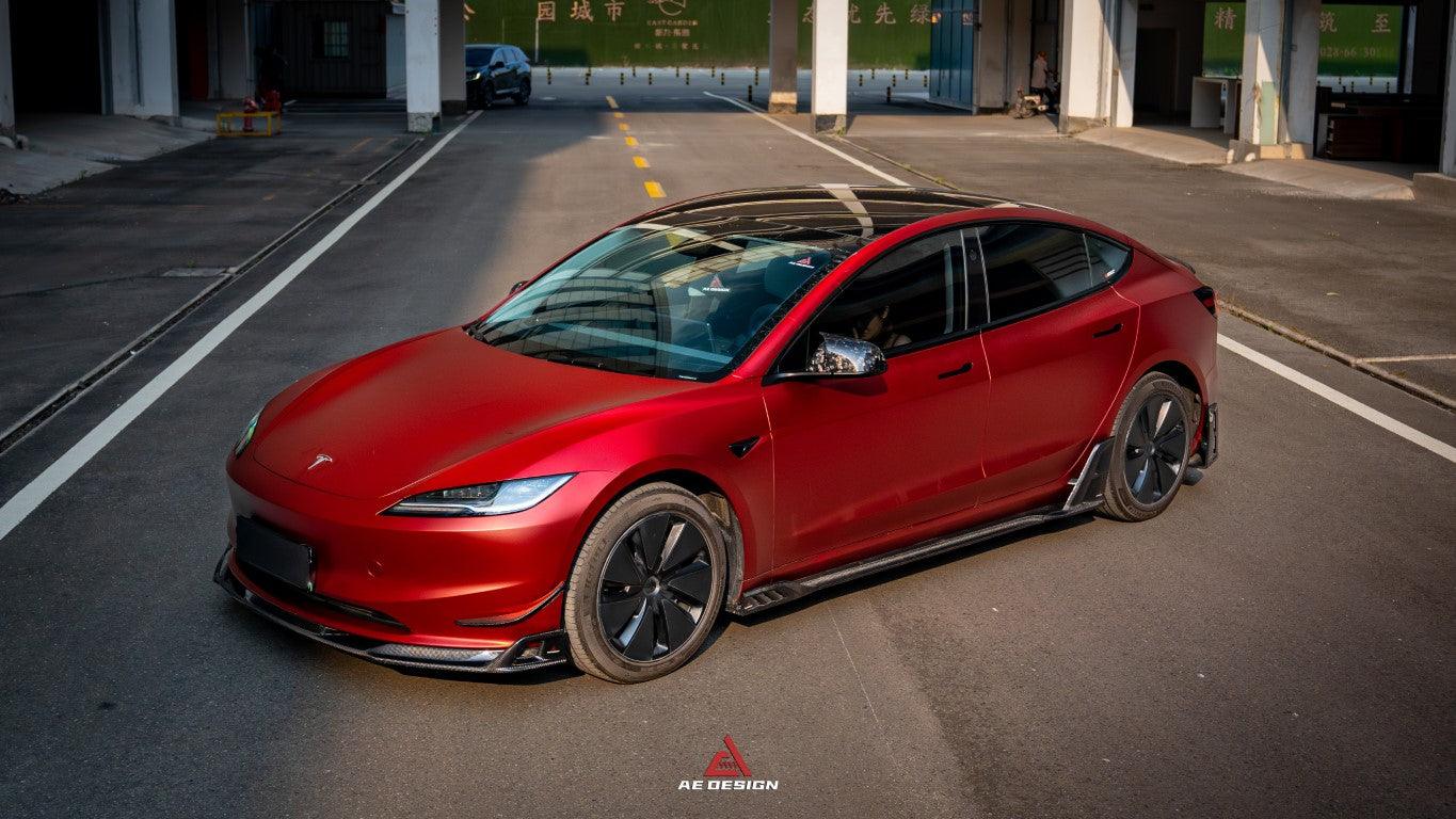 Tesla Model 3 Highland 2024-ON with Aftermarket Parts - AE Style Front Canards Carbon Fiber from?ArmorExtend