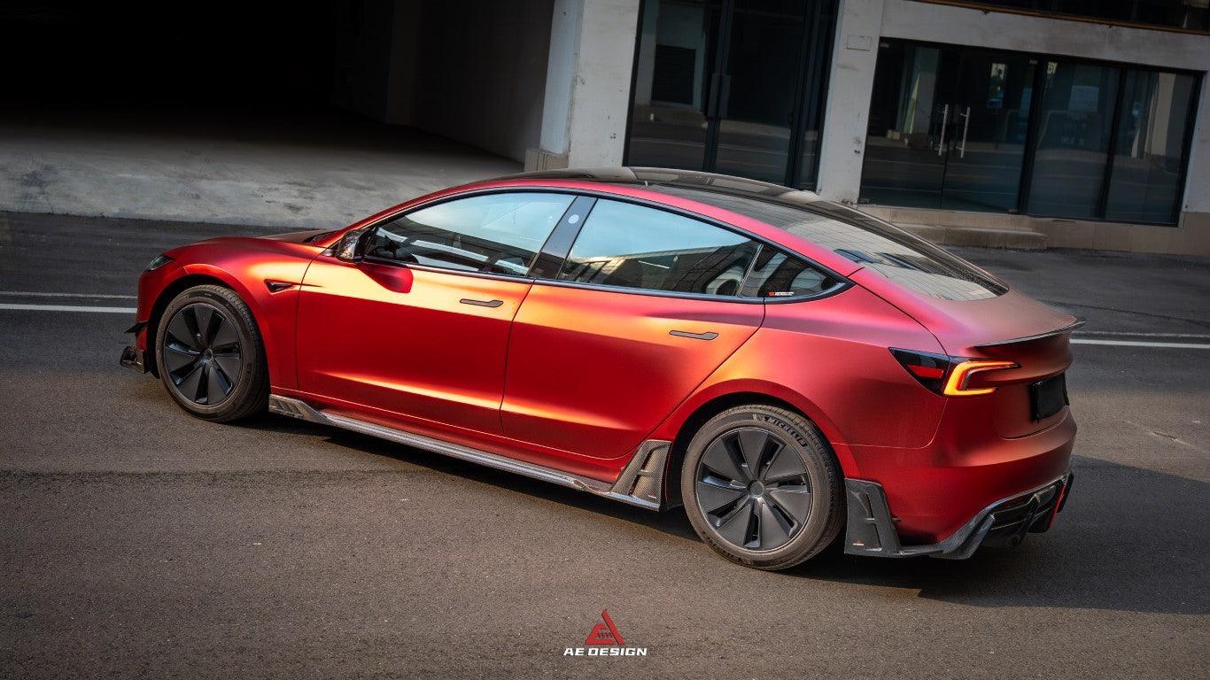 Tesla Model 3 Highland / Performance 2024-ON with Aftermarket Parts - AE Style Side Skirts & Canards Carbon Fiber from?ArmorExtend
