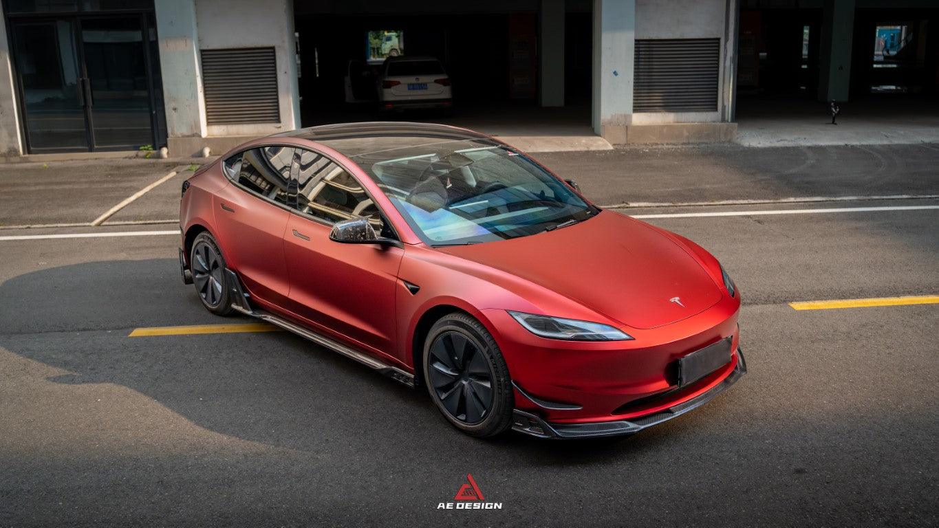 Tesla Model 3 Highland / Performance 2024-ON with Aftermarket Parts - AE Style Side Skirts & Canards Carbon Fiber from?ArmorExtend