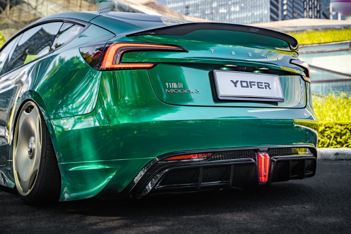 Tesla Model 3 Highland / Performance 2024 with Aftermarket Parts - V1 Sports Rear Diffuser & Canards PP from Yofer USA