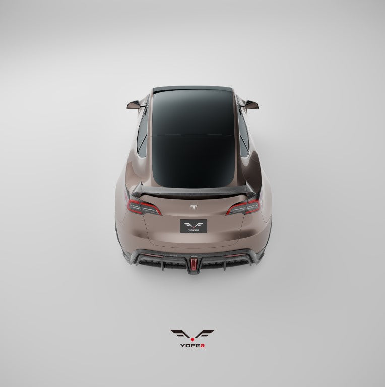 Tesla Model Y / Performance 2021 2022 2023 2024 with Aftermarket Parts - Loong Flames Style Rear Spoiler Wing Carbon Fiber from Yofer USA