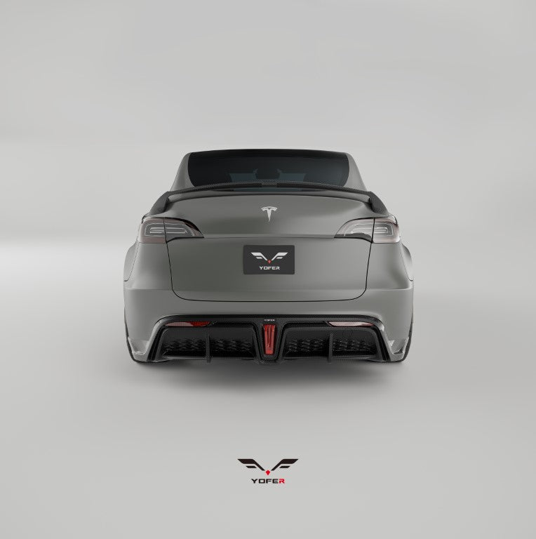 Tesla Model Y / Performance 2021 2022 2023 2024 with Aftermarket Parts - Loong Flames Style Rear Spoiler Wing Carbon Fiber from Yofer USA