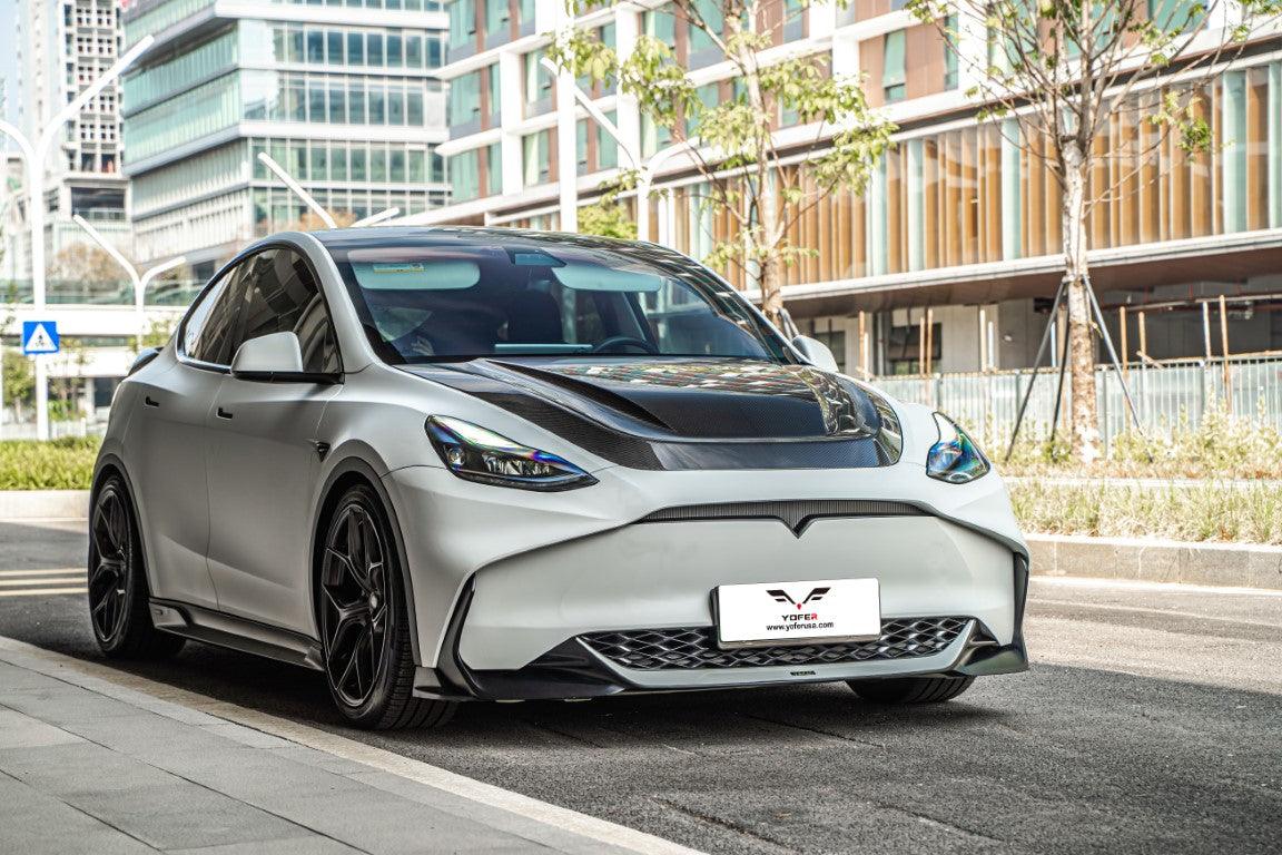 Tesla Model Y / Performance 2021-ON with Aftermarket Parts - Loong Flames Style Pre-preg Carbon Fiber Hood Bonnet from  Yofer USA